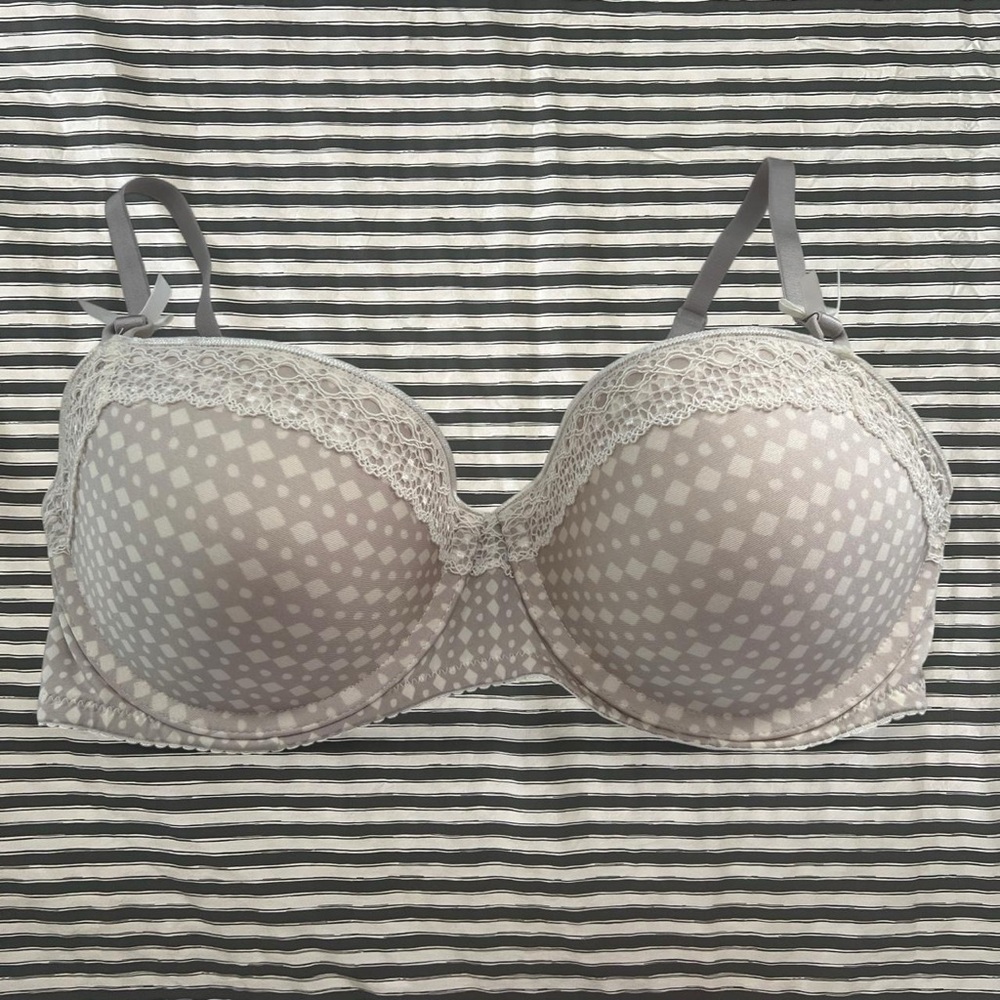 Light Gray Lace-Trim Bra with polka dot Print